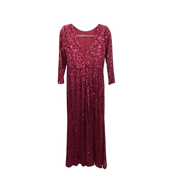 Eliza J Sequined Gown Dress Cranberry Red Christmas Women Size 8 Long Sleeve - Picture 3 of 14